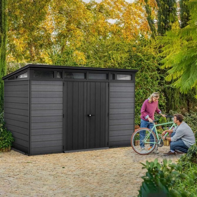 Keter 11’x 7′ Cortina Heavy Duty Plastic Pent Shed – Dark Grey-oakleysgardenmachine- Free shipping