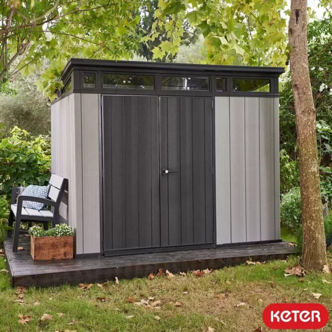 Keter 9’x 7′ Artisan Heavy Duty Plastic Pent Shed – Grey-oakleysgardenmachine- Free shipping